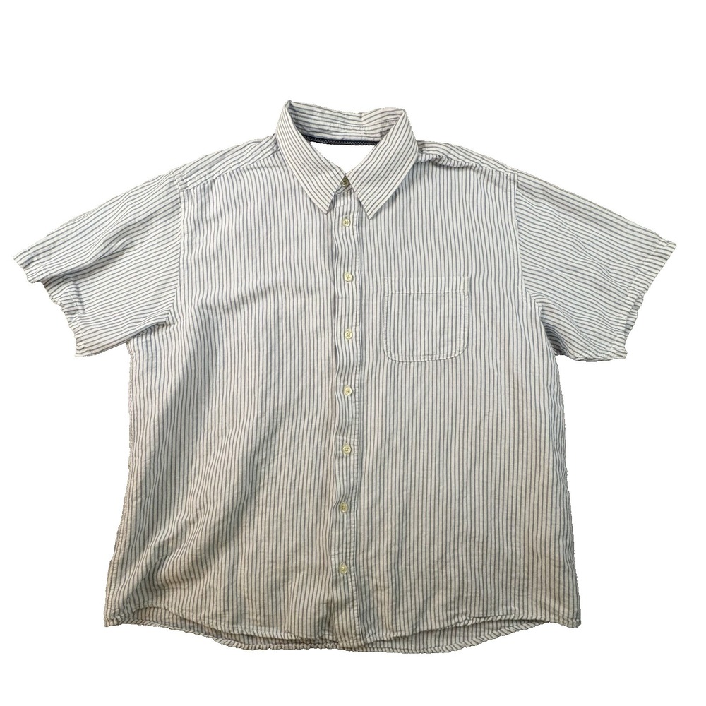 Old Navy Men's 2XL White & Light Blue Striped Linen Cotton Blend SS Button Up‎